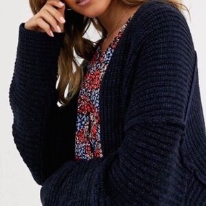 Free People Navy Black Chunky Knit Cardigan Sweater
